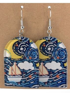 Sparkling 2D Acrylic Dangle Earrings Night Ocean Boat  View